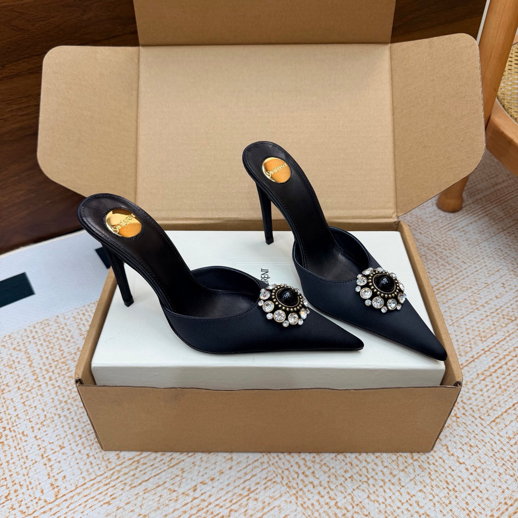 Black Cosmo Mules In Satin