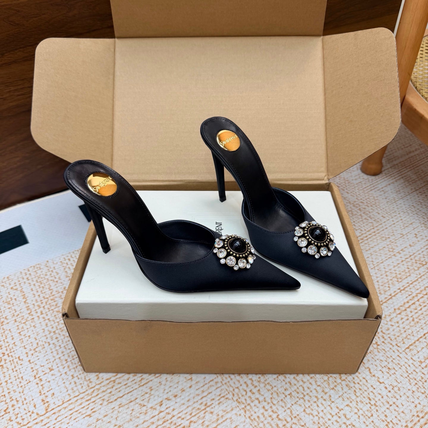 Black Cosmo Mules In Satin