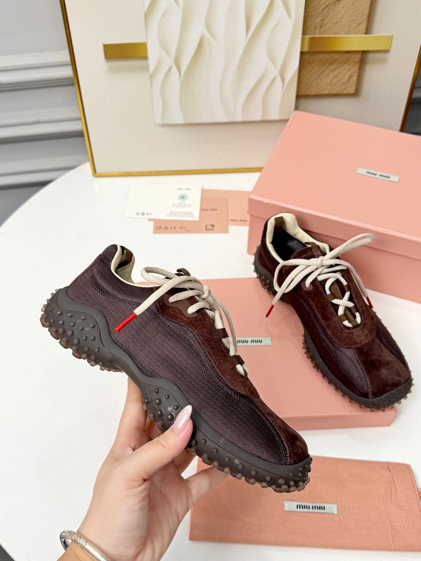 Dark Brown Bubble Technical Fabric & Suede Sneakers