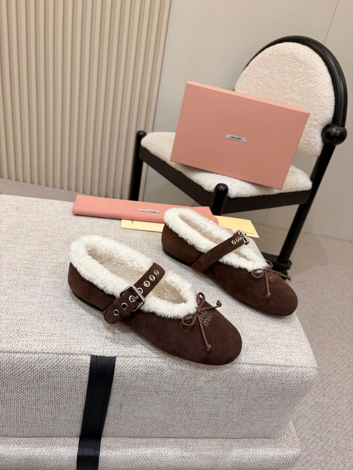 Dark Brown Suede And Shearling Ballerinas