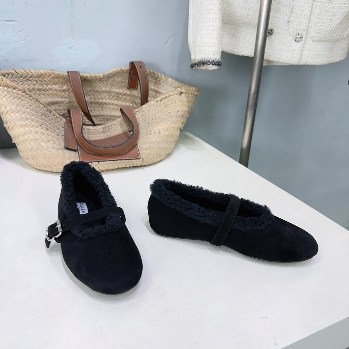 Black Ballet Flats In Merino Shearling