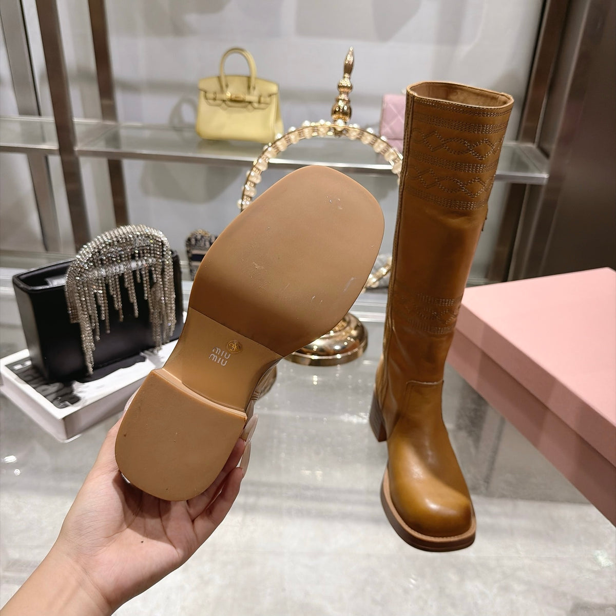 Light Tan Embroidered Leather Boots
