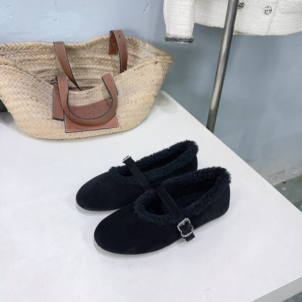 Black Ballet Flats In Merino Shearling