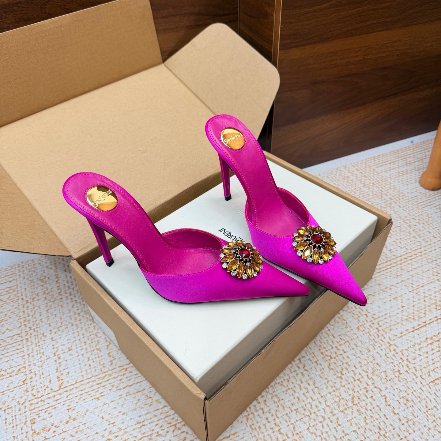 Smashed Prune Cosmo Mules In Satin