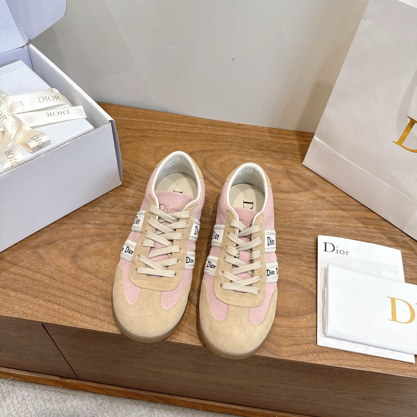 Pink & Beige Suede Ribbon Sneaker