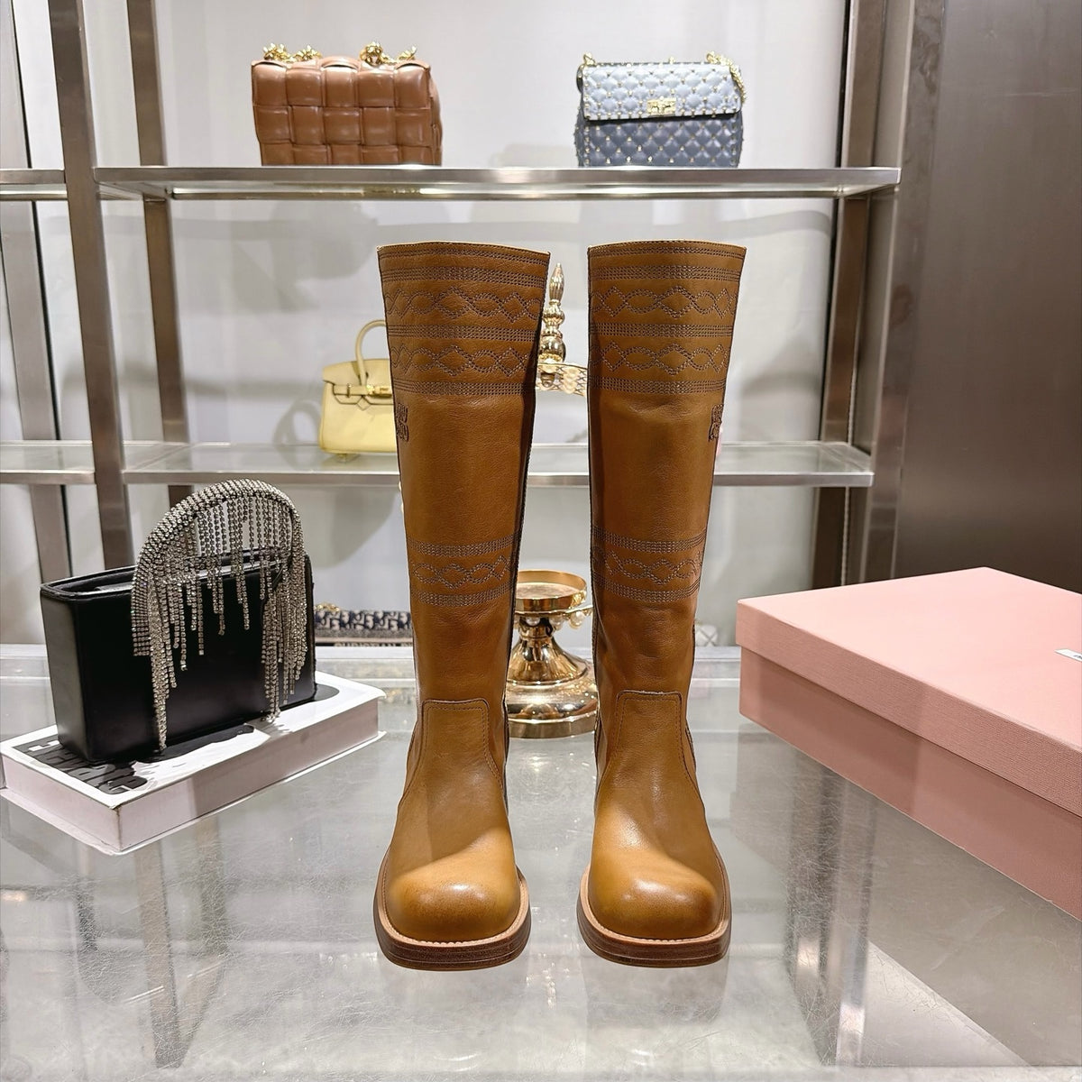 Light Tan Embroidered Leather Boots