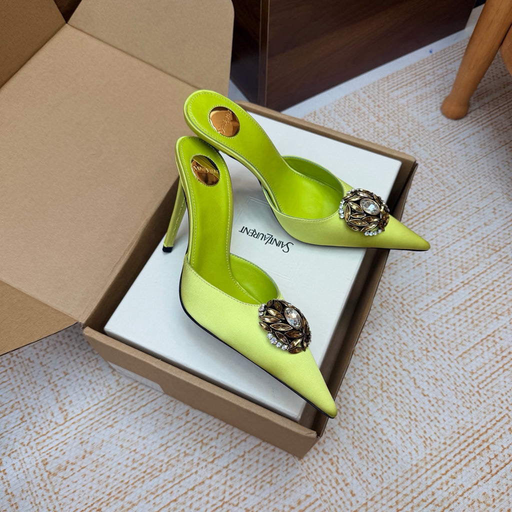 Lemon Green Cosmo Mules In Satin