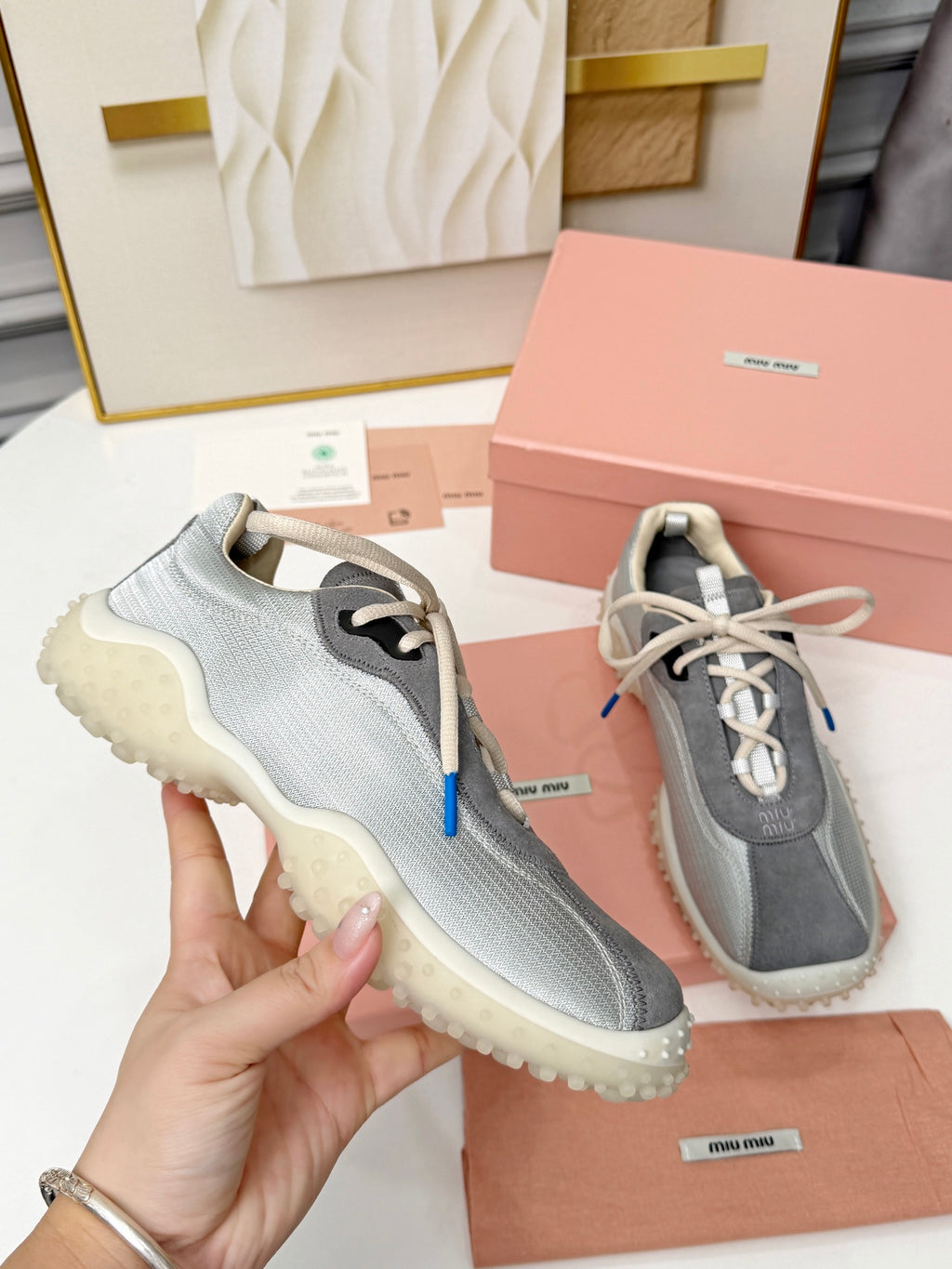 Cloudy Gray Bubble Technical Fabric & Suede Sneakers