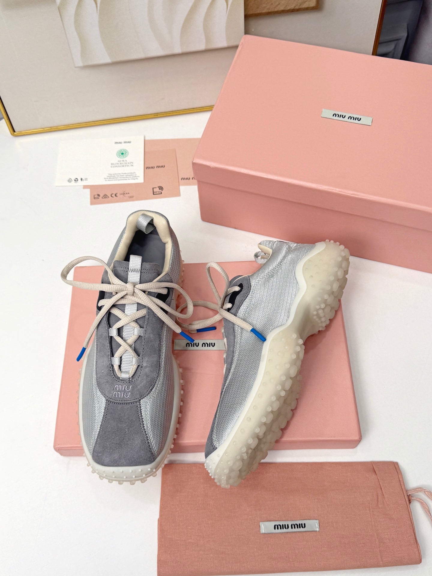 Cloudy Gray Bubble Technical Fabric & Suede Sneakers