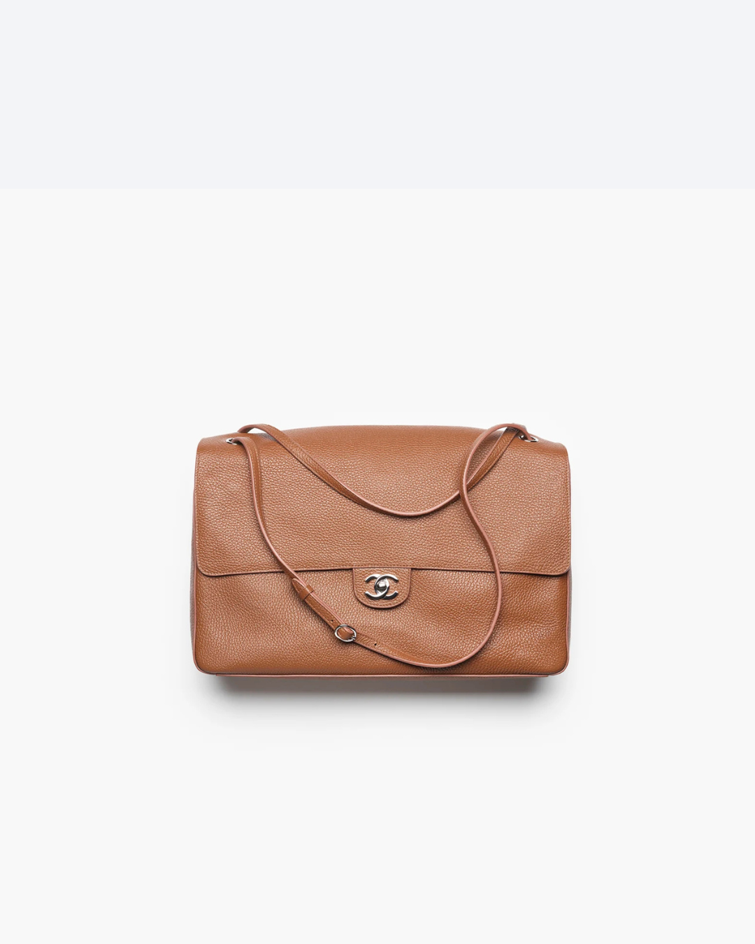 Camel Grained Leather & Silver Metal  Maxi Flap Bag