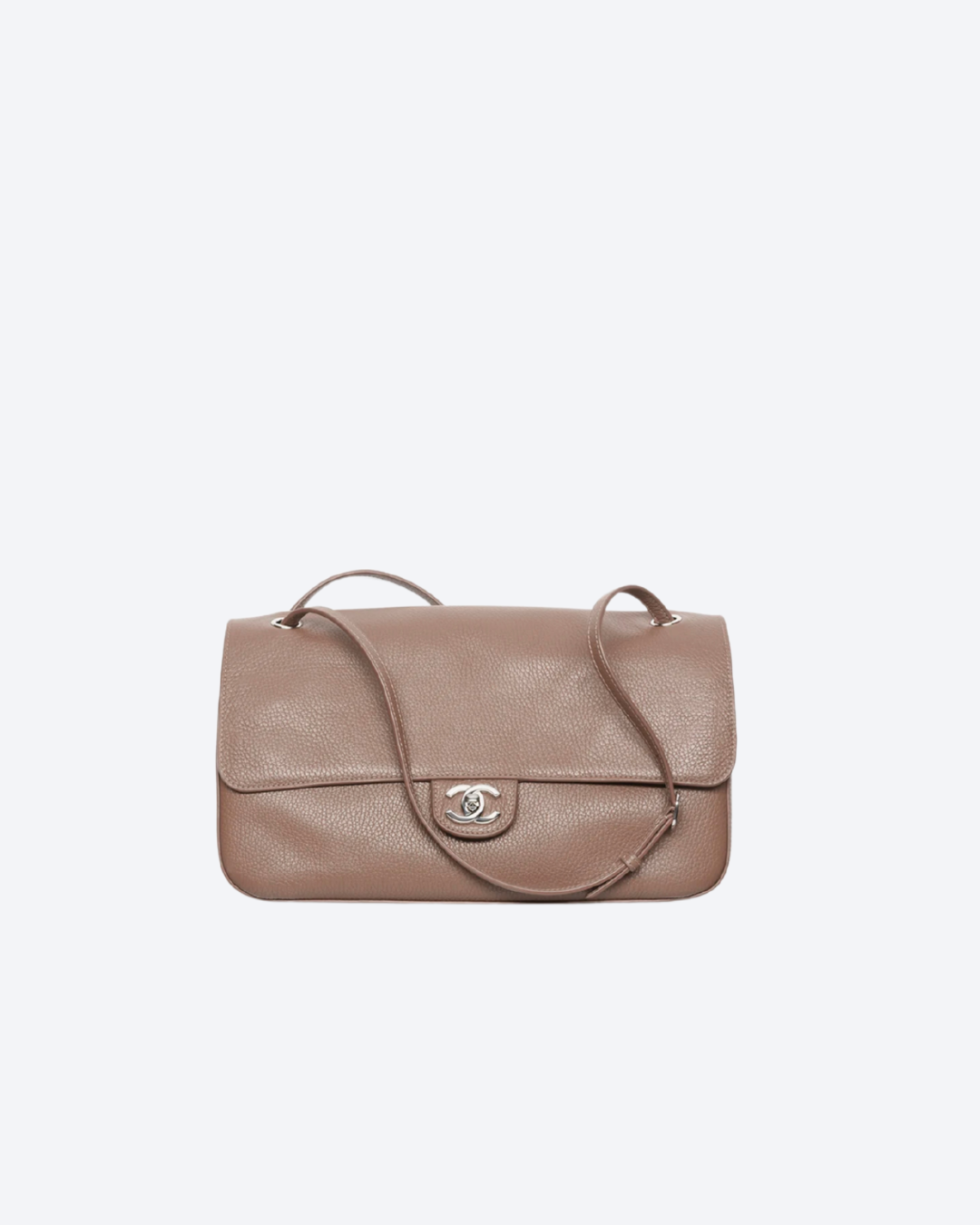 Light Brown Grained Leather & Silver Metal Maxi Flap Bag