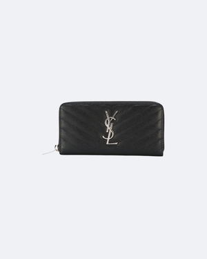 Black Zip-Around Wallet With Silver-Tone Hardware