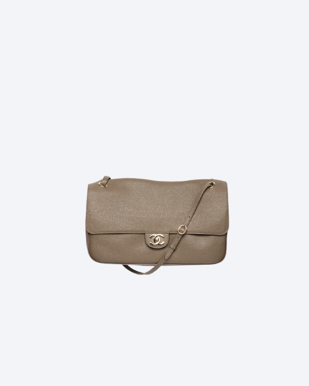 Dark Khaki Grained Leather & Gold Metal Maxi Flap Bag
