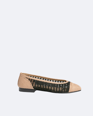 Black & Beige Raffia Ballet Flats
