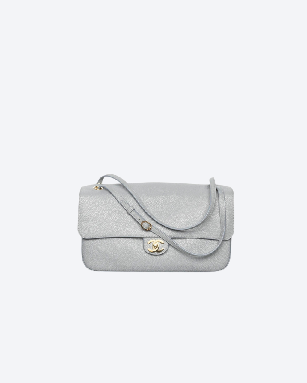 Gray Grained Leather & Gold Metal Maxi Flap Bag