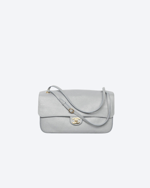 Gray Grained Leather & Gold Metal Maxi Flap Bag