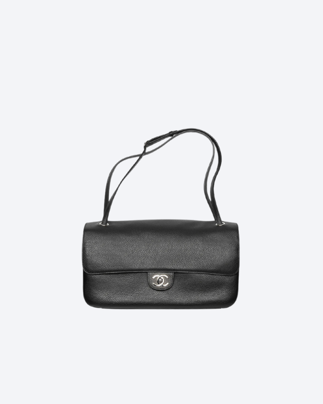 Black Grained Leather & Silver Metal Maxi Flap Bag