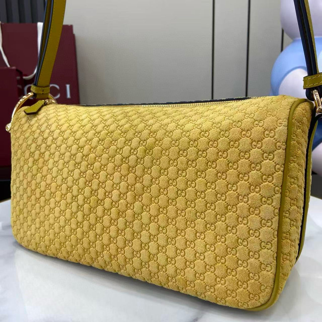Mustard Yellow Suede Half Horsebit Medium Shoulder Bag