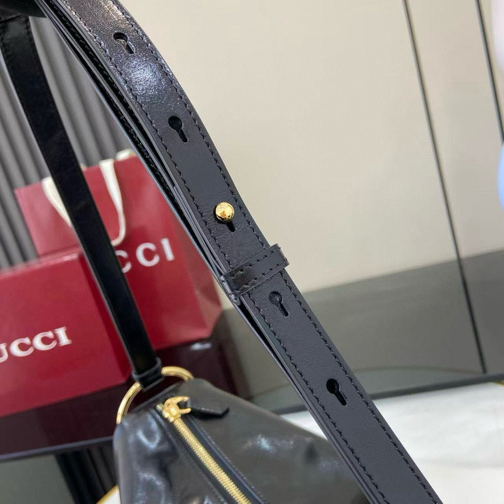 Black Leather Half Horsebit Medium Shoulder Bag