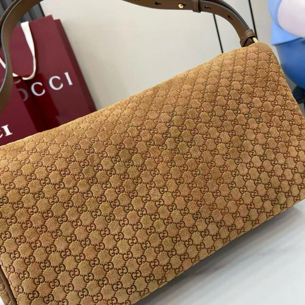 Brown Suede Half Horsebit Medium Shoulder Bag