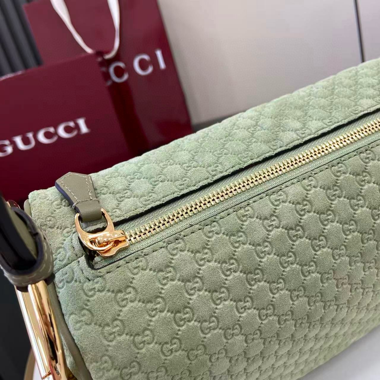 Sage Green Suede Half Horsebit Medium Shoulder Bag