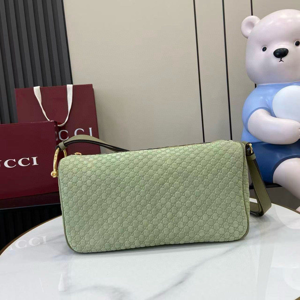 Sage Green Suede Half Horsebit Medium Shoulder Bag