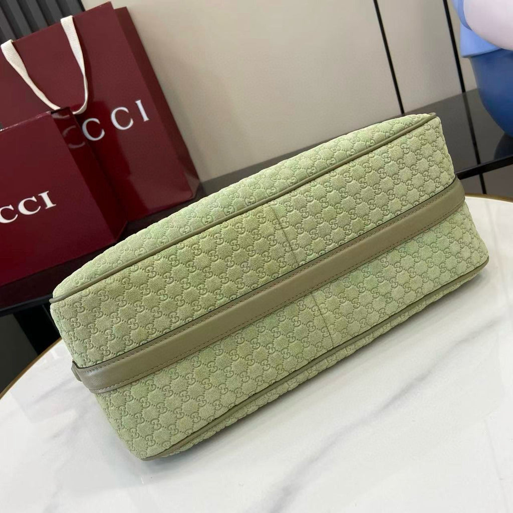 Sage Green Suede Half Horsebit Medium Shoulder Bag