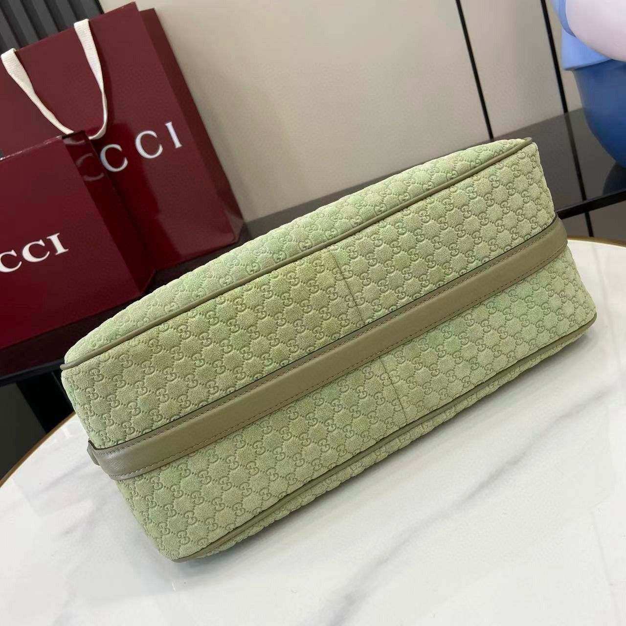 Sage Green Suede Half Horsebit Medium Shoulder Bag