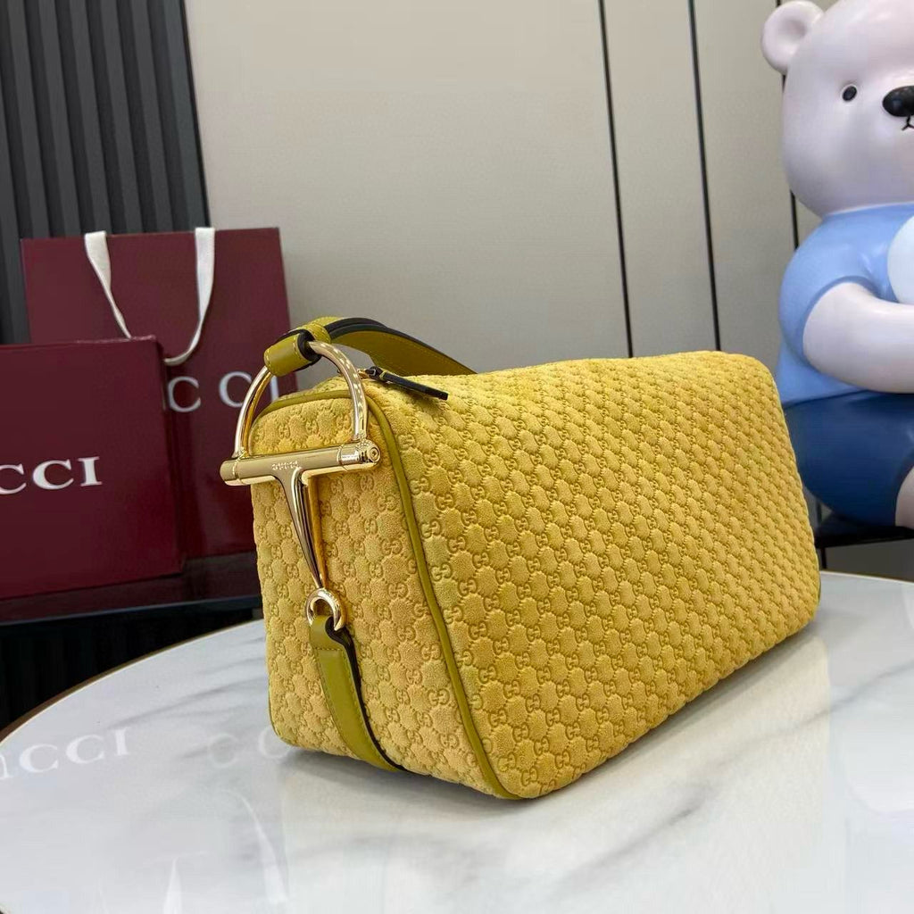 Mustard Yellow Suede Half Horsebit Medium Shoulder Bag