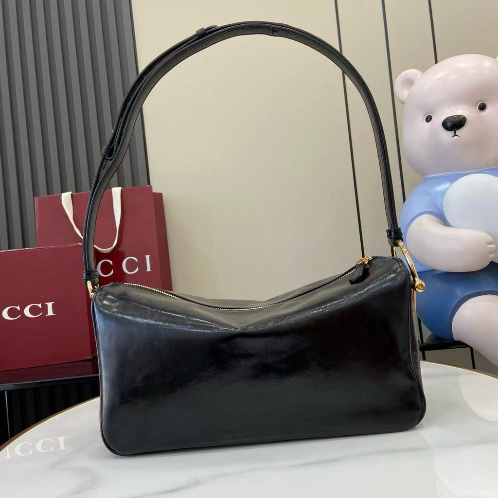 Black Leather Half Horsebit Medium Shoulder Bag