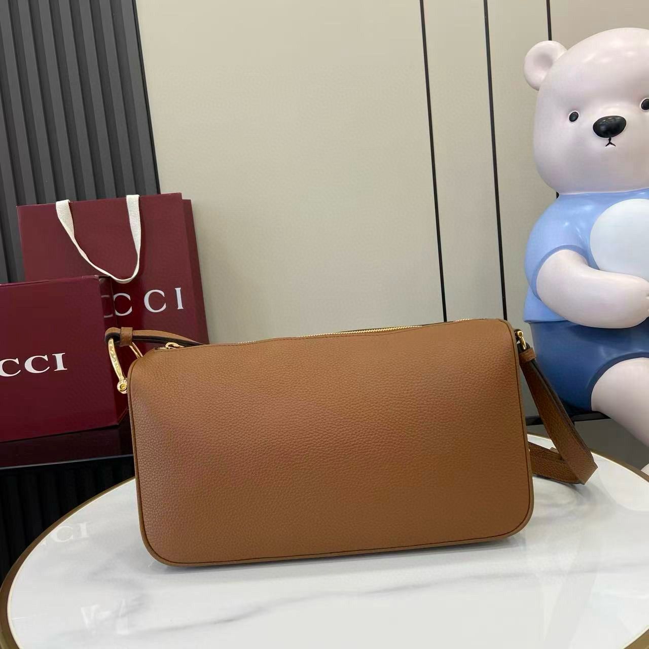 Brown Leather Half Horsebit Medium Shoulder Bag