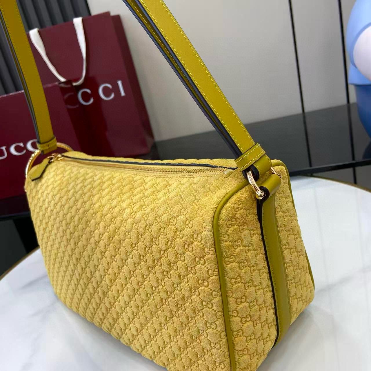 Mustard Yellow Suede Half Horsebit Medium Shoulder Bag