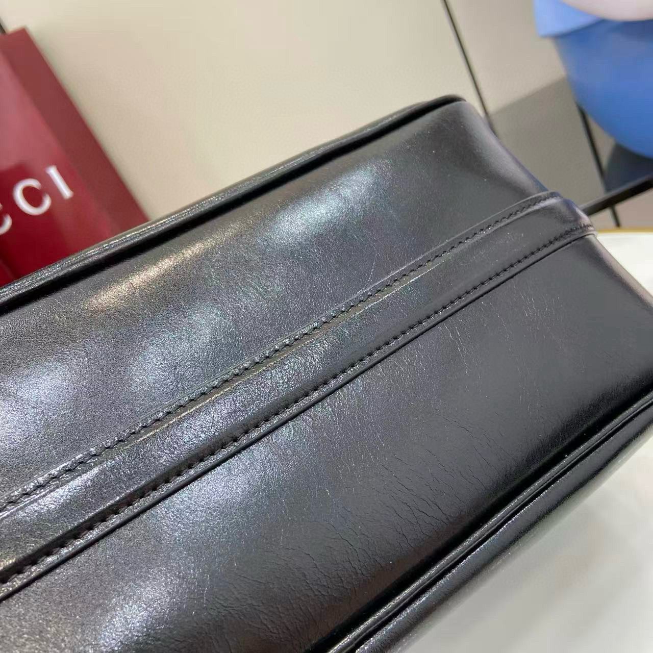 Black Leather Half Horsebit Medium Shoulder Bag