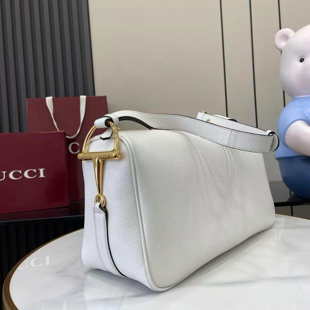 Ivory Leather Half Horsebit Large Shoulder Bag