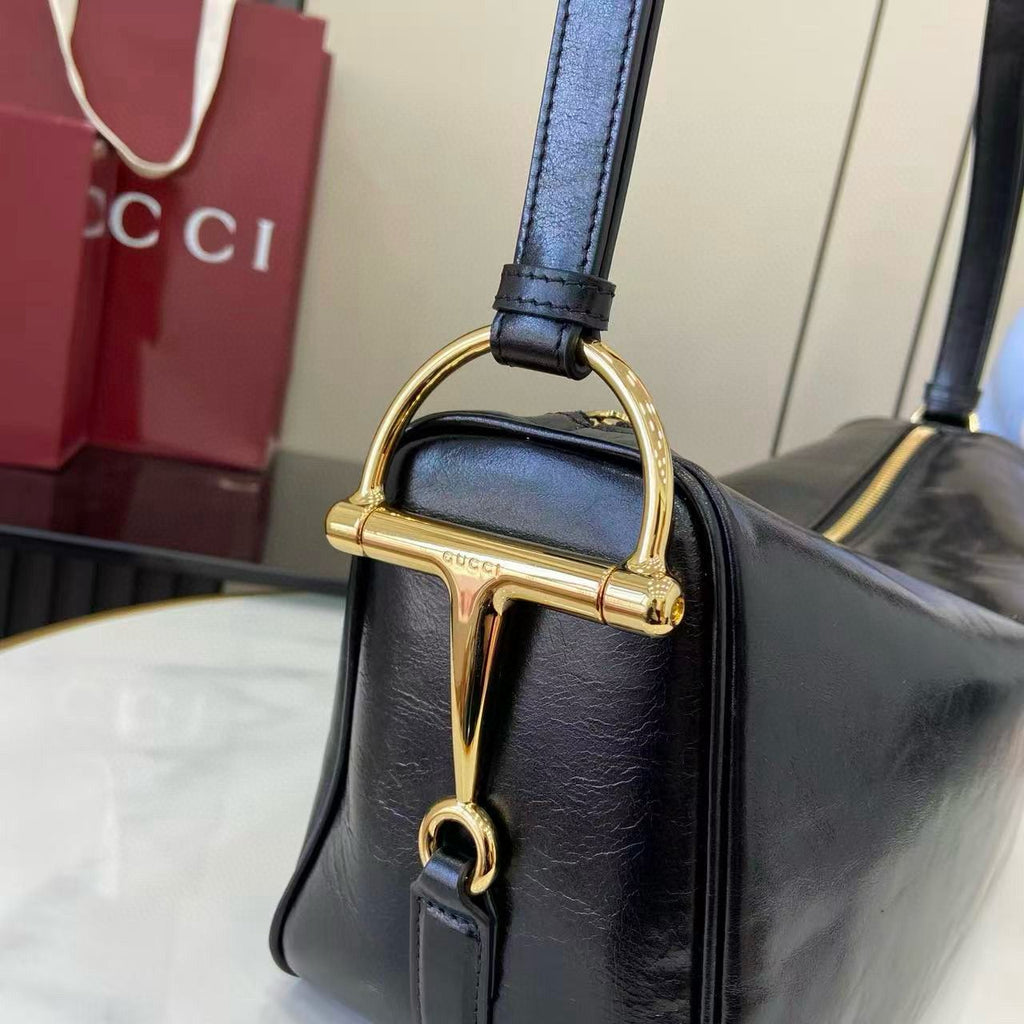 Black Leather Half Horsebit Medium Shoulder Bag