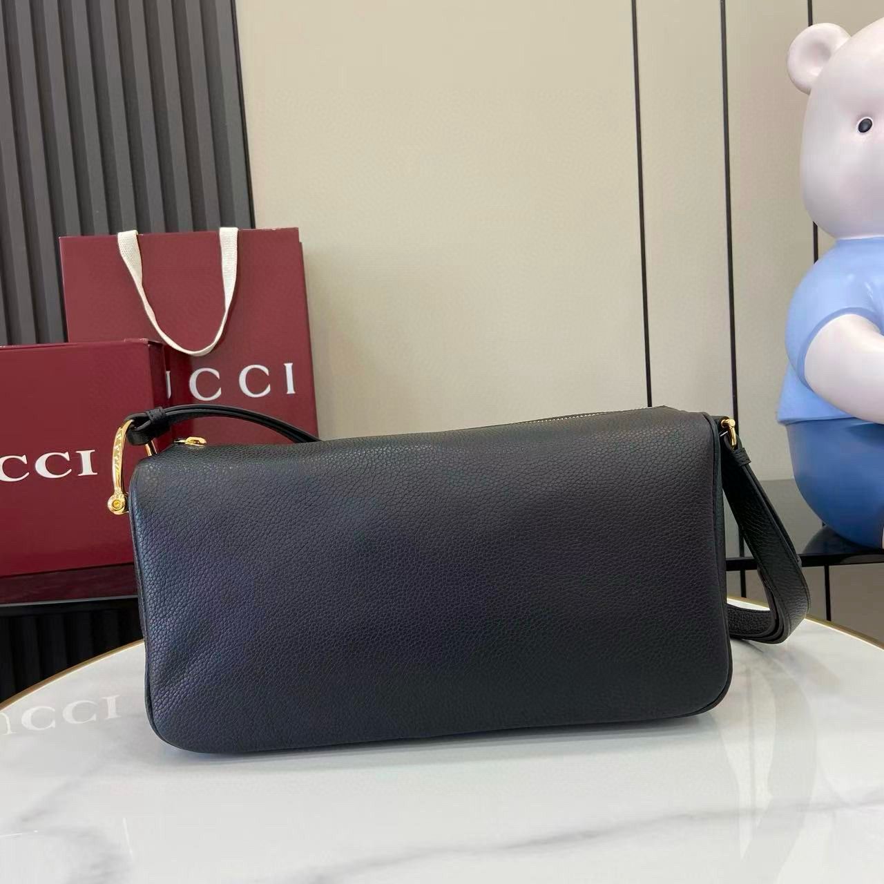 Black Leather Half Horsebit Medium Shoulder Bag