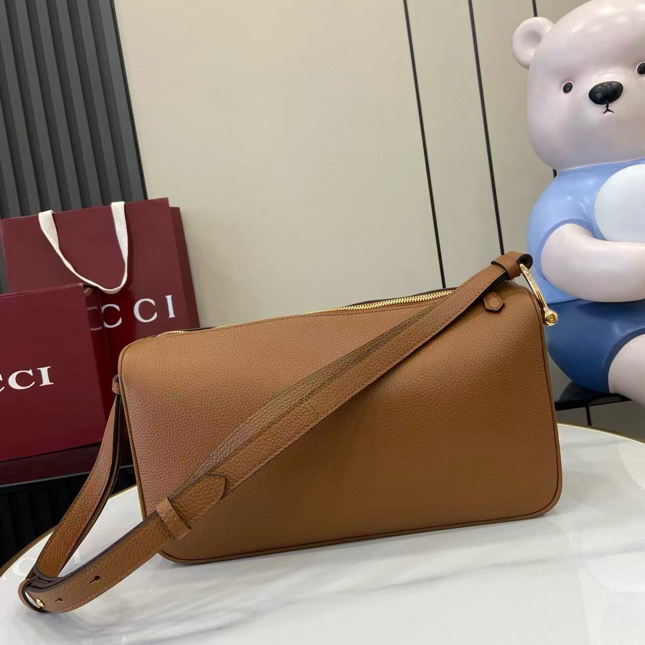 Brown Leather Half Horsebit Medium Shoulder Bag