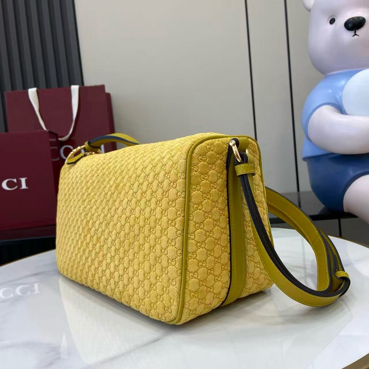 Mustard Yellow Suede Half Horsebit Medium Shoulder Bag