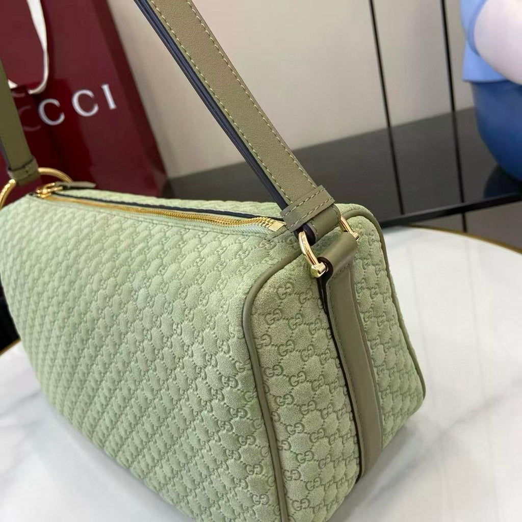 Sage Green Suede Half Horsebit Medium Shoulder Bag