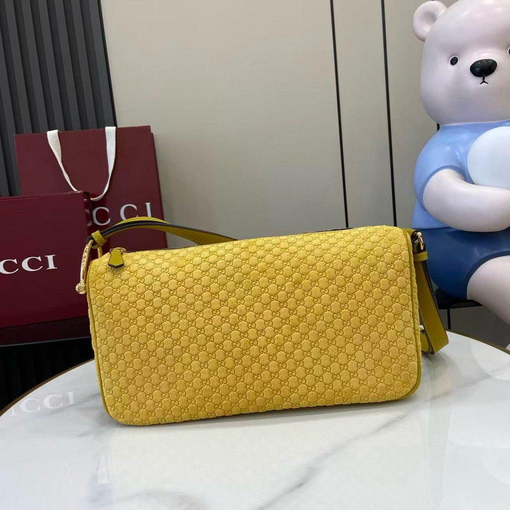 Mustard Yellow Suede Half Horsebit Medium Shoulder Bag