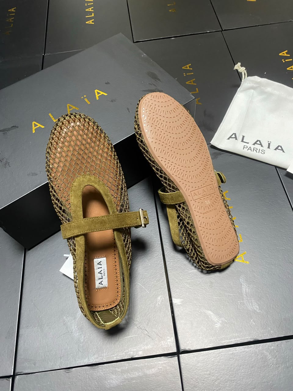 Army Green Suede-Trimmed Mesh Ballet Flats 10
