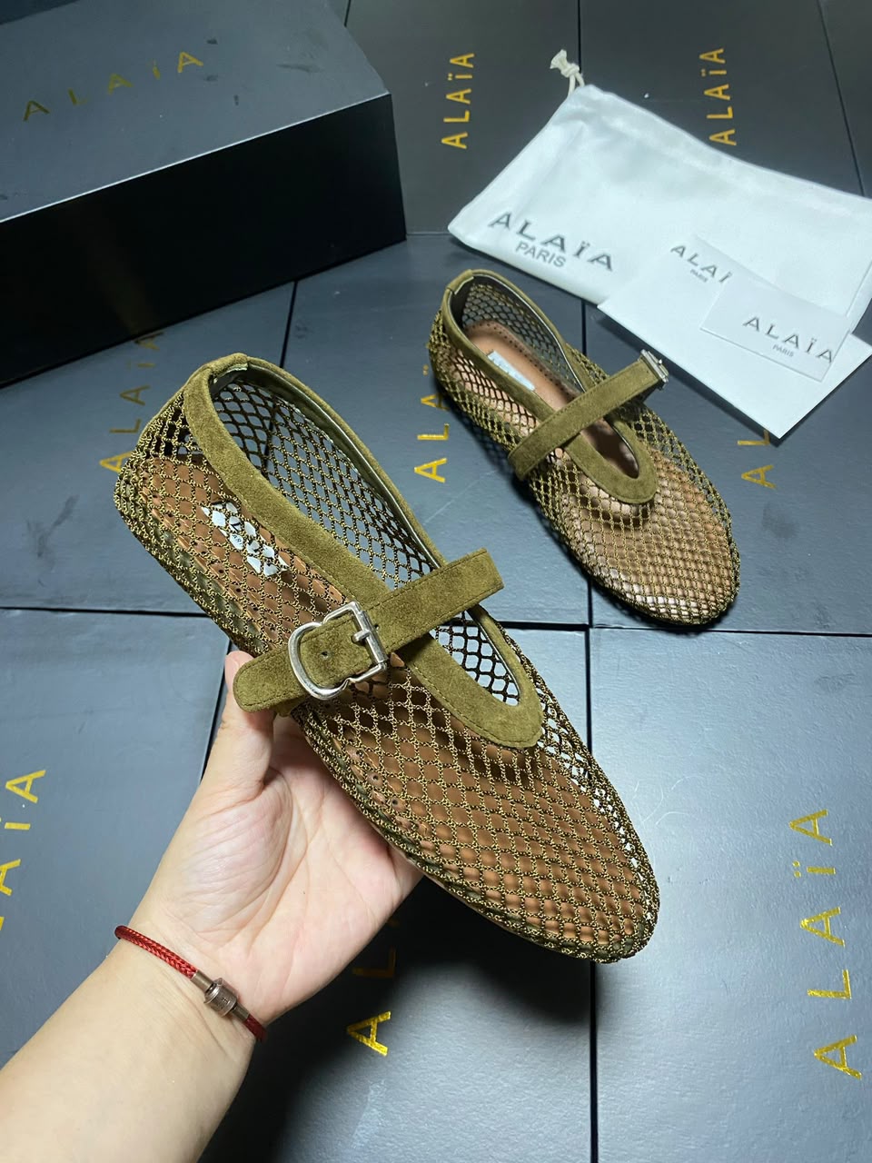 Army Green Suede-Trimmed Mesh Ballet Flats 9