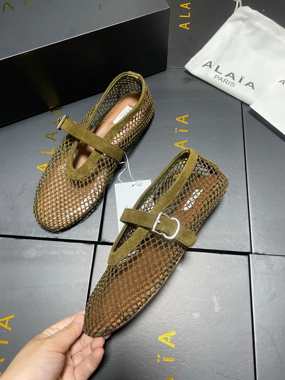 Army Green Suede-Trimmed Mesh Ballet Flats 8