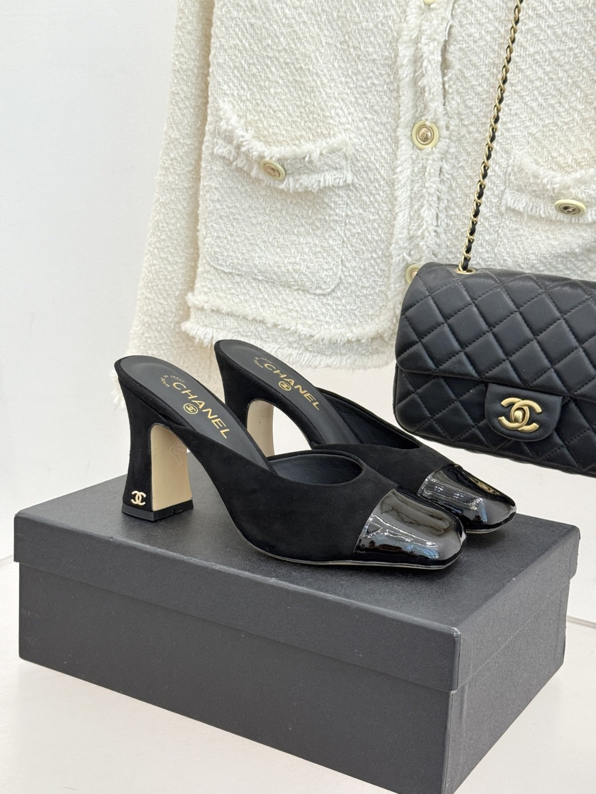Black Suede & Patent Leather Mules