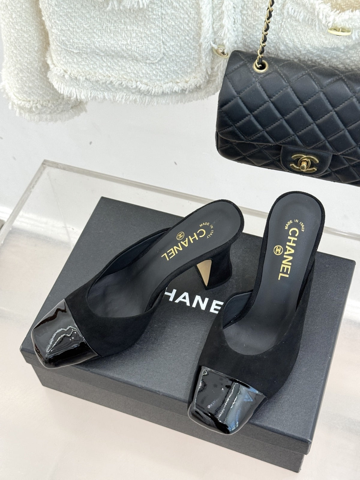 Black Suede & Patent Leather Mules