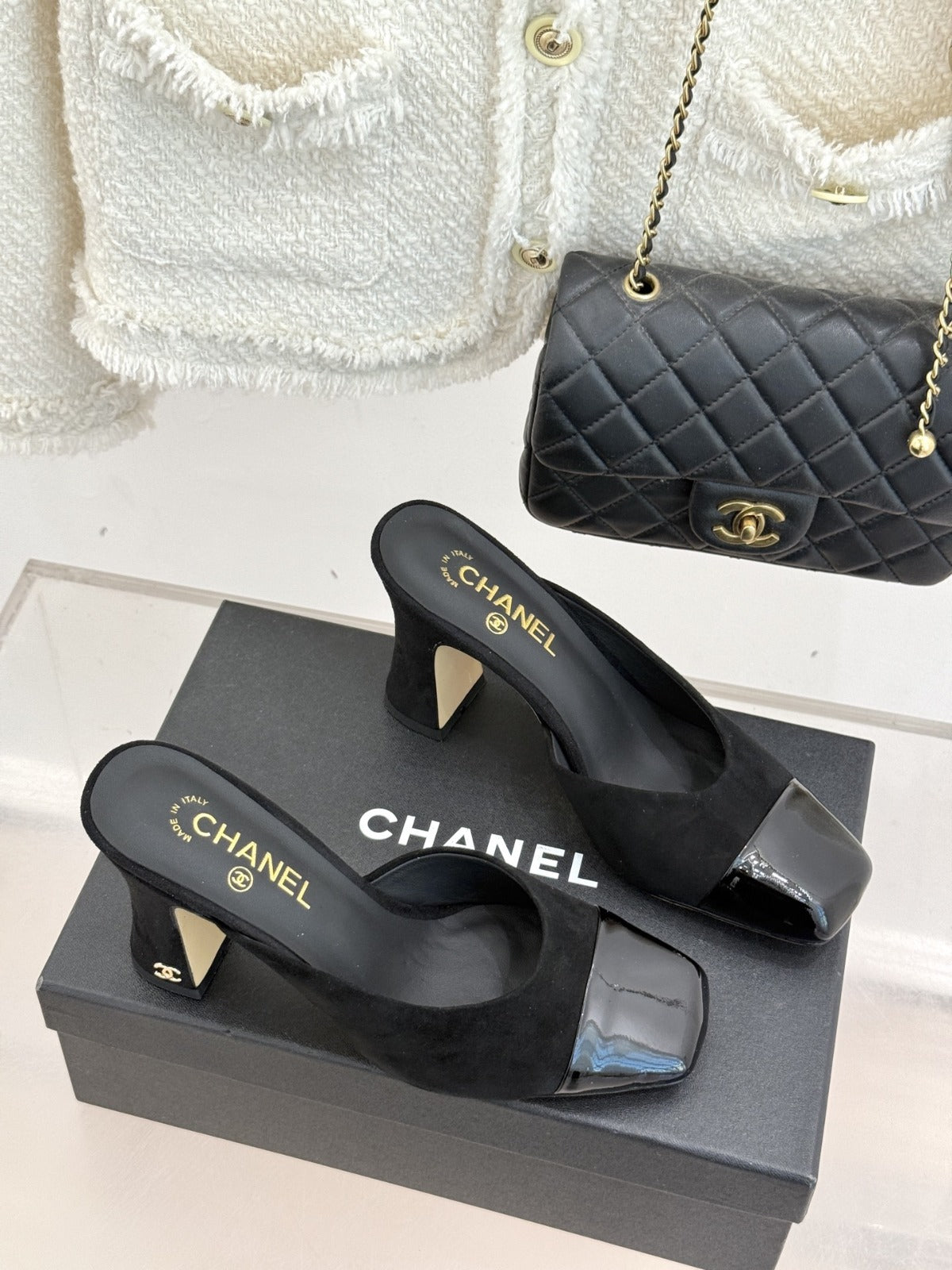 Black Suede & Patent Leather Mules