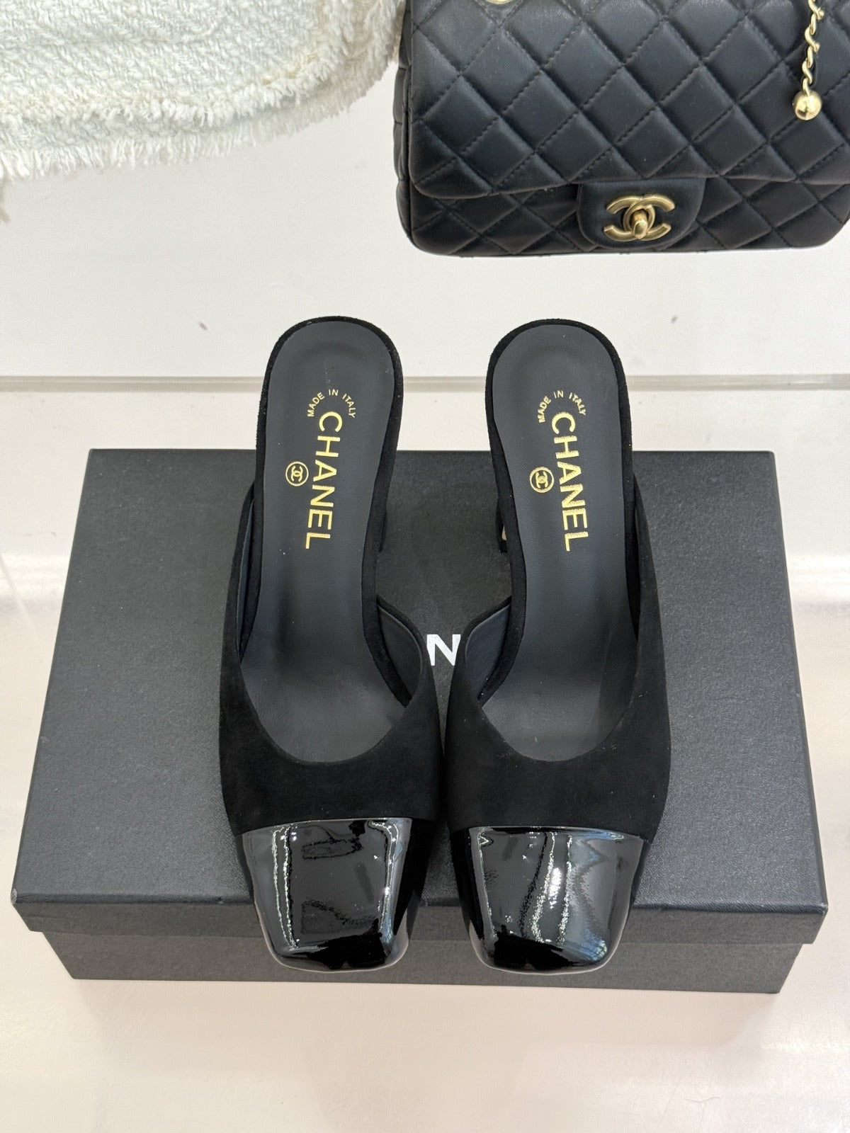 Black Suede & Patent Leather Mules