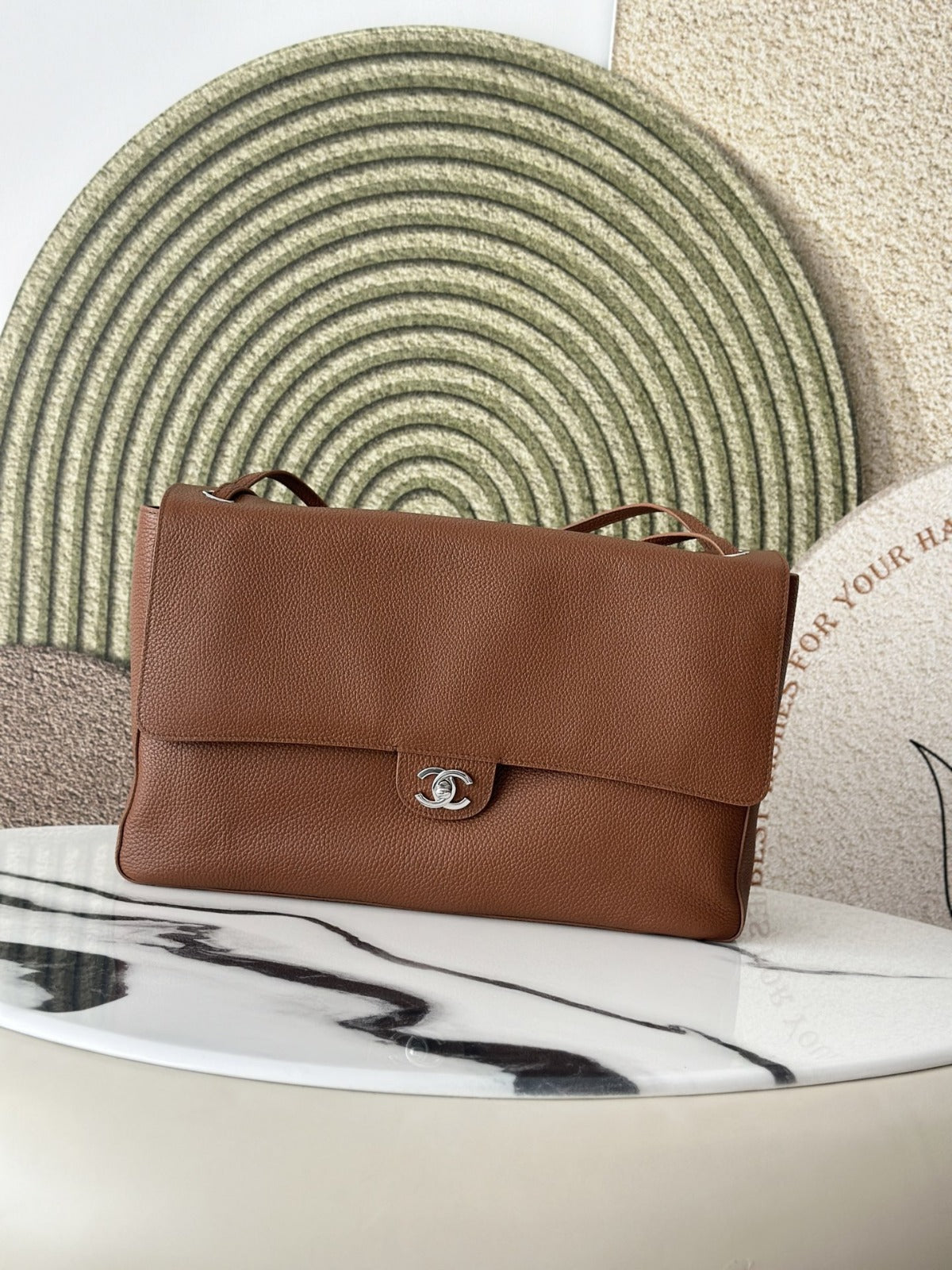 Camel Grained Leather & Silver Metal  Maxi Flap Bag