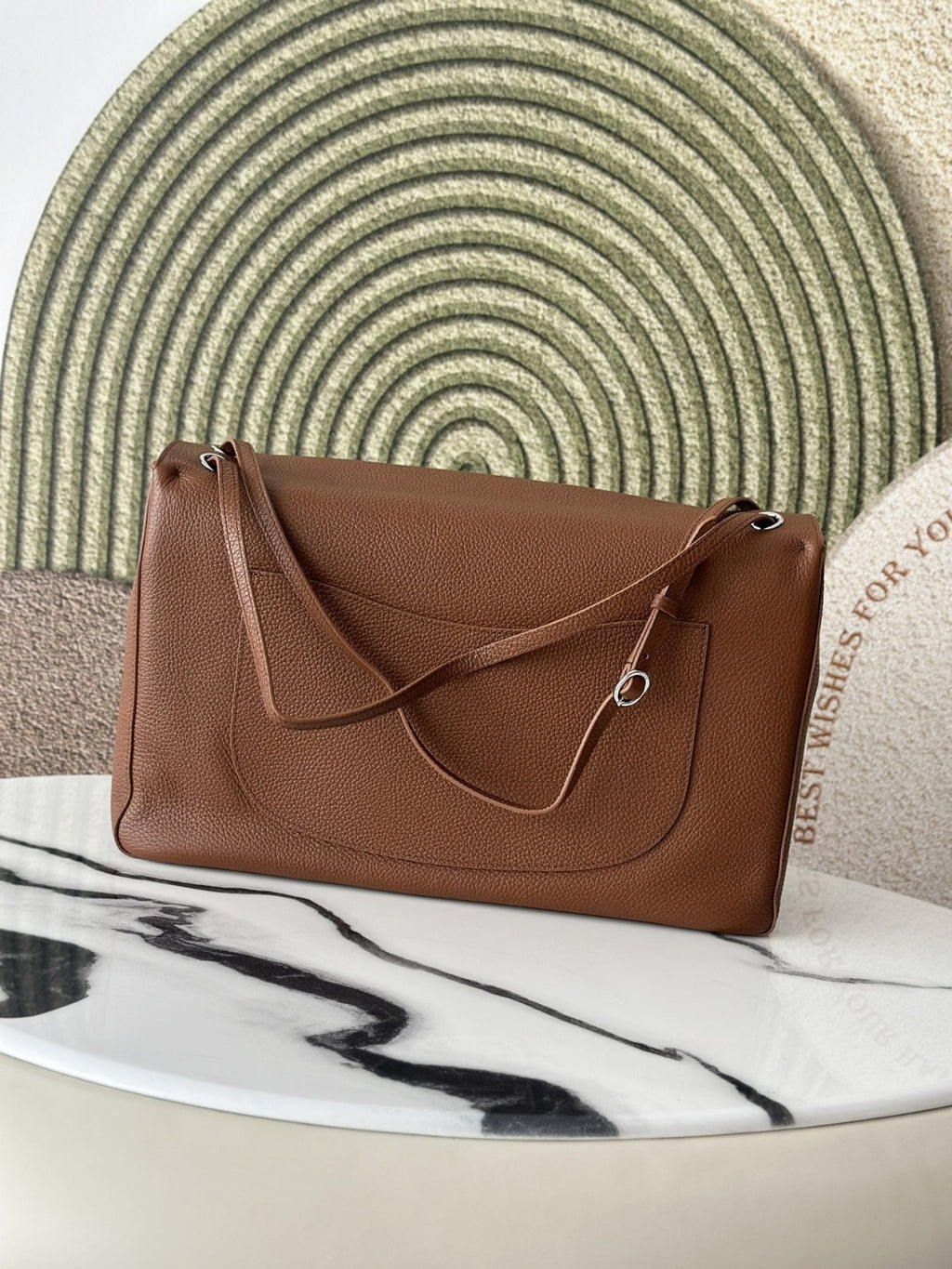 Camel Grained Leather & Silver Metal  Maxi Flap Bag
