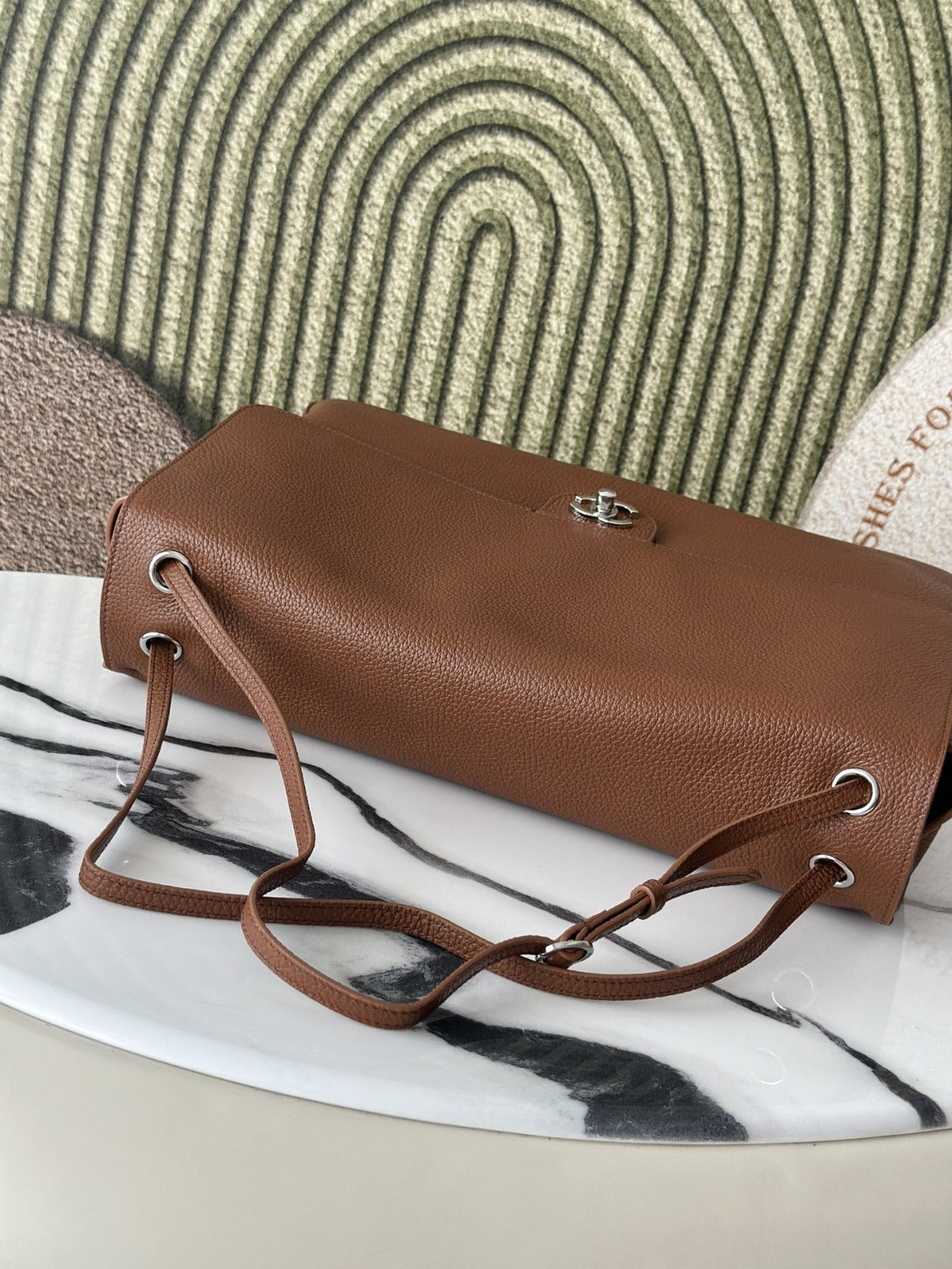 Camel Grained Leather & Silver Metal  Maxi Flap Bag